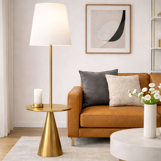 Celestial Modern Floor Lamp With Brass Accent Table With Large White Shade