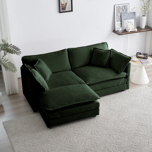 Chenille Two-Seater Sofa With 1 Footrest, 2 Seater L-Shaped Sectional With Ottoman,Loveseat With Ottoman For Small Living Space, Green Chenille