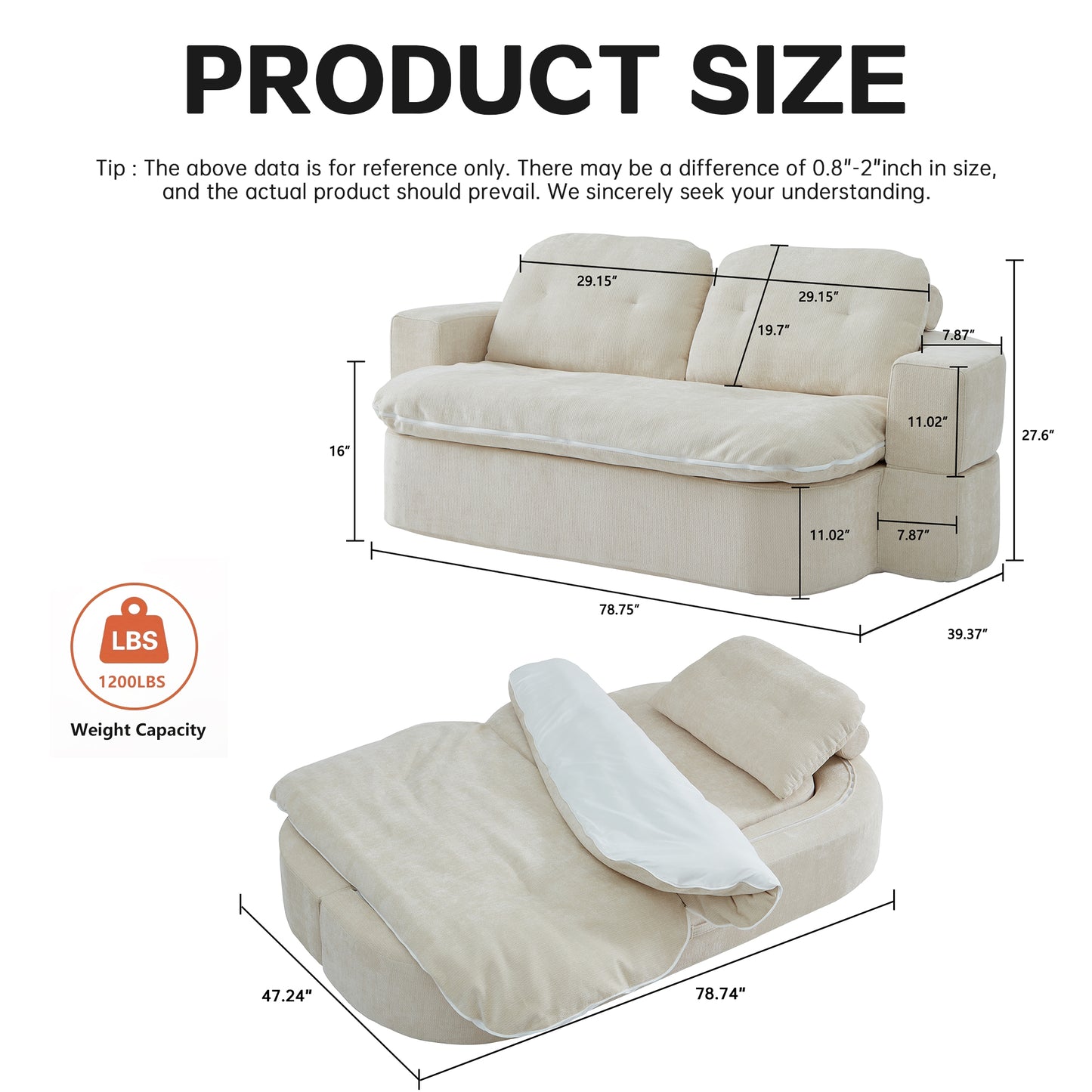 Modern Floor Sofa With 2 Pillows,Convertible Corduroy Fabric Foam-Filled Sleeper Sofa Bed, No Assembly Required,Convertible Sofa Cushion Unfolds Into Quilt,Folding Mattress For Living Room,Playroom