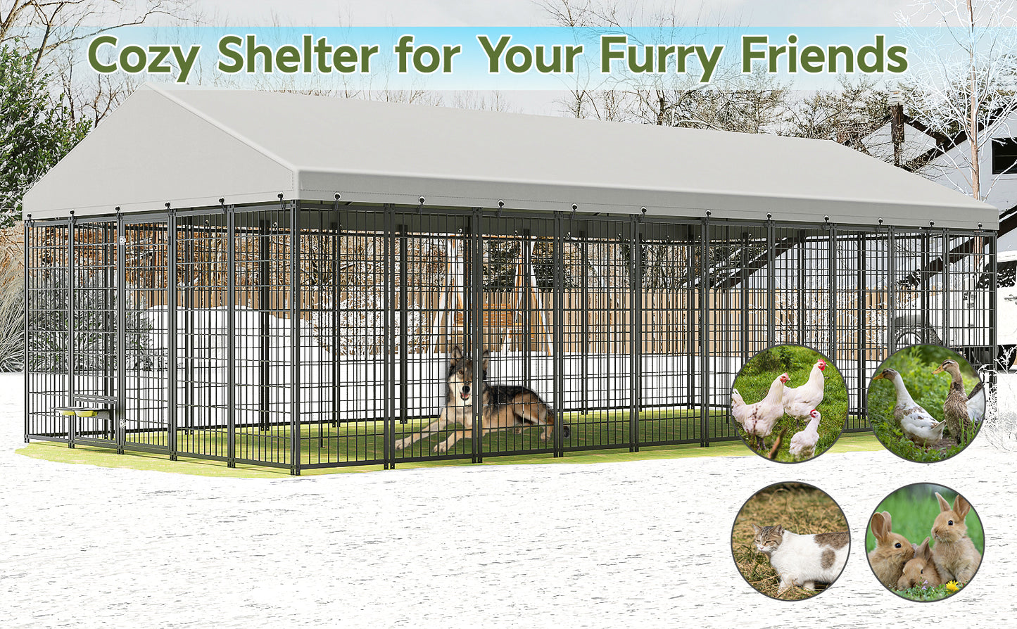 Large Dog Kennel Outdoor Pet Pens Dogs Run Enclosure Animal Hutch Metal Coop Fence With Roof Cover. 18.9  L X 9.61  W X 6.76 H.
