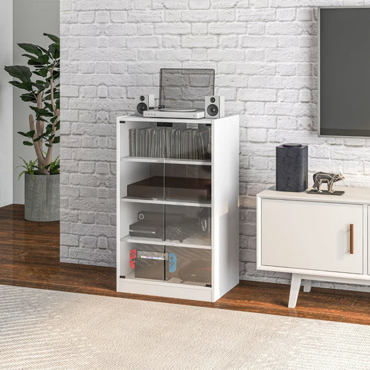 4-Tier Media Cabinet, Media Stand With Adjustable Shelves, Tempered Glass Doors, And Cable Management, Distressed White