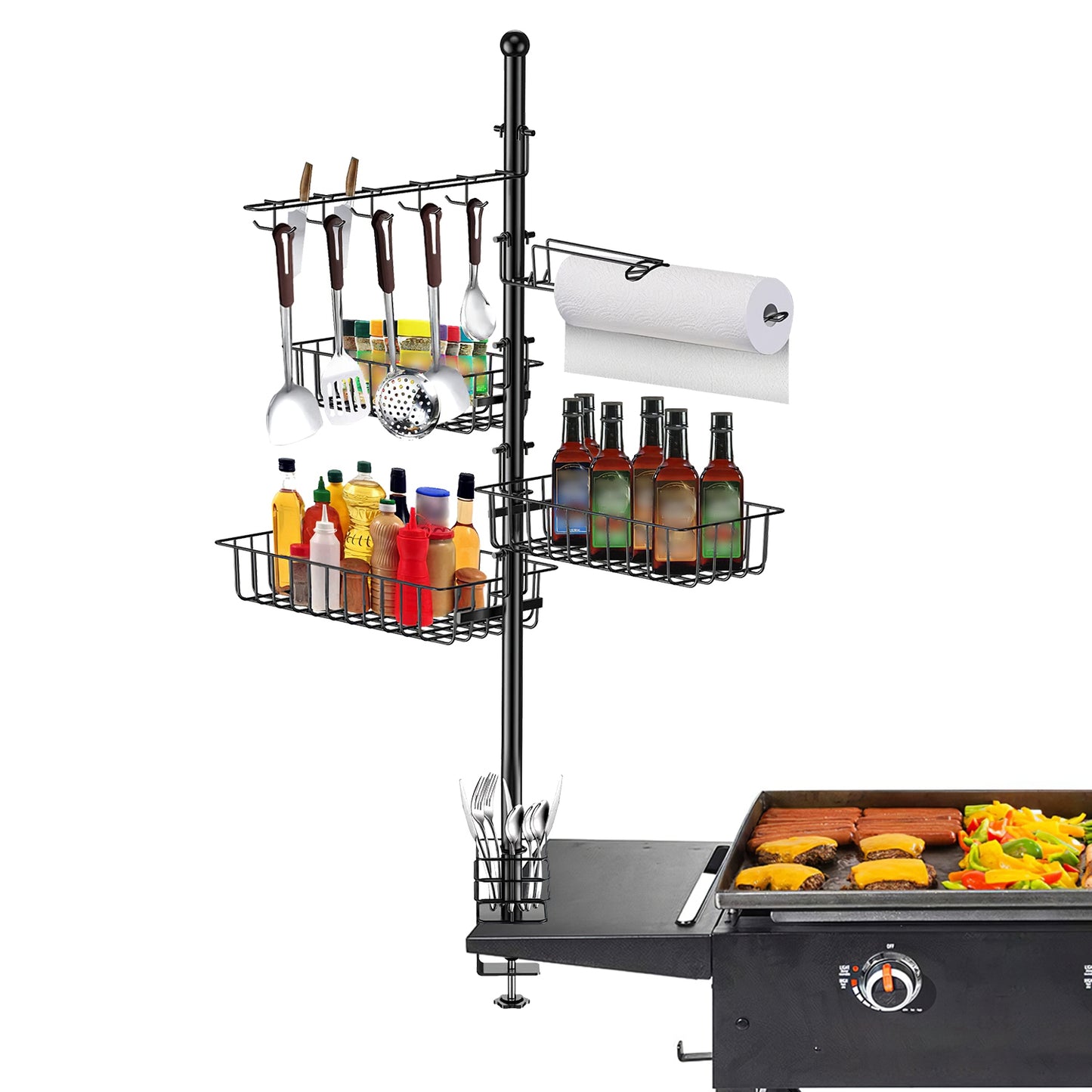 Standing BBQ Storage Caddy, Large Capacity Griddle Organizer With Multi-Size Baskets, Tool Hooks & Windproof Paper Towel Holder, Easy Assembly For Camping Picnic Party