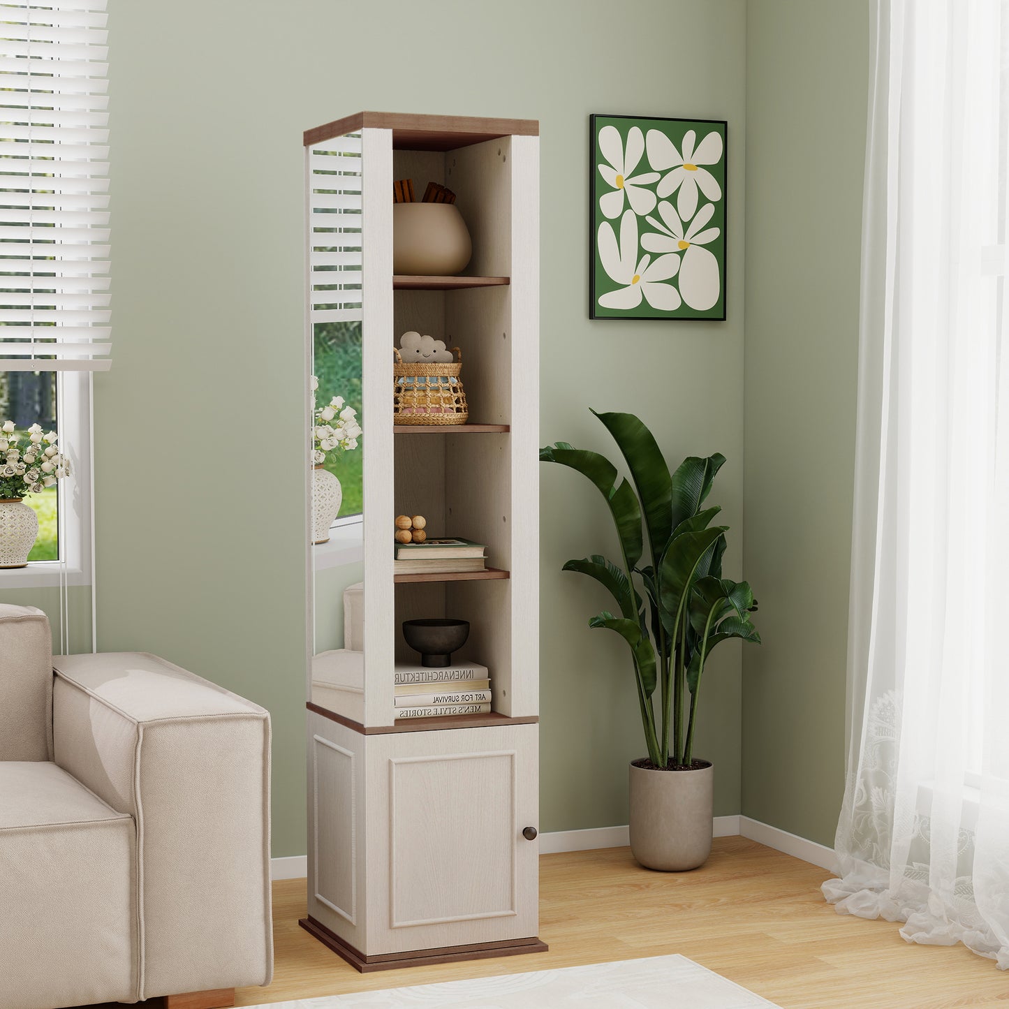 360 Rotating Storage Cabinet With Full-Length Mirror, Total Of 8 Open Shelves On Both Sides, One Side Hooks, 1 Door With A Shelve, For Living Room, Entryway, Bathroom-Antique White