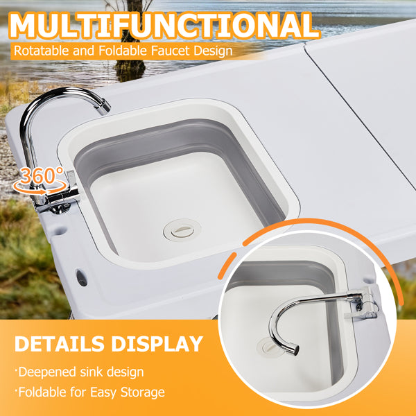 127x68.5x91.5 Cm, Can Be Folded. White. Outdoor Fish Killing Table. HDPE. Rectangular. With Folding Faucet. Folding Trash Can. Folding Sink. Storage Bag.