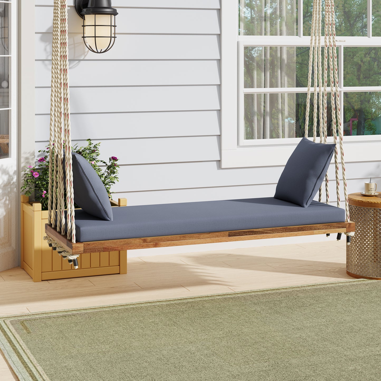 TOPMAx Patio Wooden Swing Chair  Hanging Porch Swing Bench With Cushion&Pillows  10.8Ft Hemp Ropes For Garden   Lawn Natural