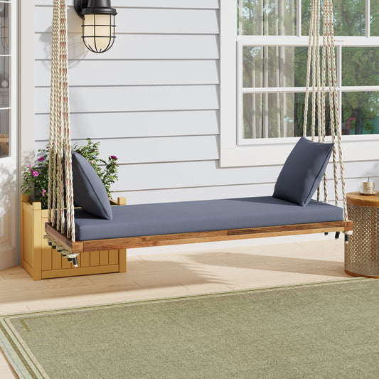 TOPMAx Patio Wooden Swing Chair  Hanging Porch Swing Bench With Cushion&Pillows  10.8Ft Hemp Ropes For Garden   Lawn Natural