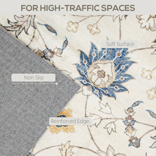 Machine Washable Area Rug 4x6, Non-Slip Boho Floral Print Floor Carpet For Living Room, Bedroom, Dining Room, Blue