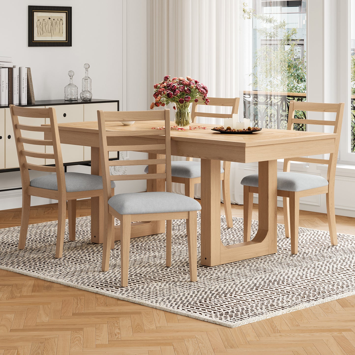 4-Piece Farmhouse Dining Chairs Set, Upholstered Dining Chairs With High Ladder Back, Classic Armless Chairs For Kitchen, Bedroom & Living Room, Natural