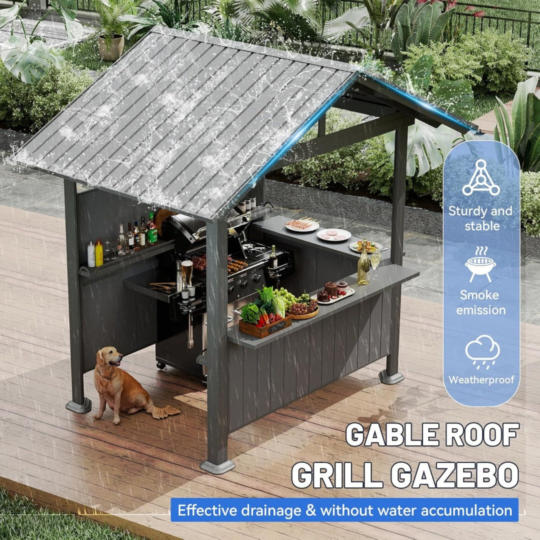 9.4X6.2 FT Hardtop Grill Gazebo, Gable Outdoor Grill Gazebo With Storage Shelves & Resin Shade System, Galvanized Steel Metal Hard Top Gazebo For Patio  Garden -Grey