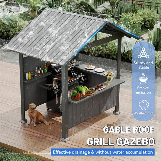 9.4X6.2 FT Hardtop Grill Gazebo, Gable Outdoor Grill Gazebo With Storage Shelves & Resin Shade System, Galvanized Steel Metal Hard Top Gazebo For Patio  Garden -Grey