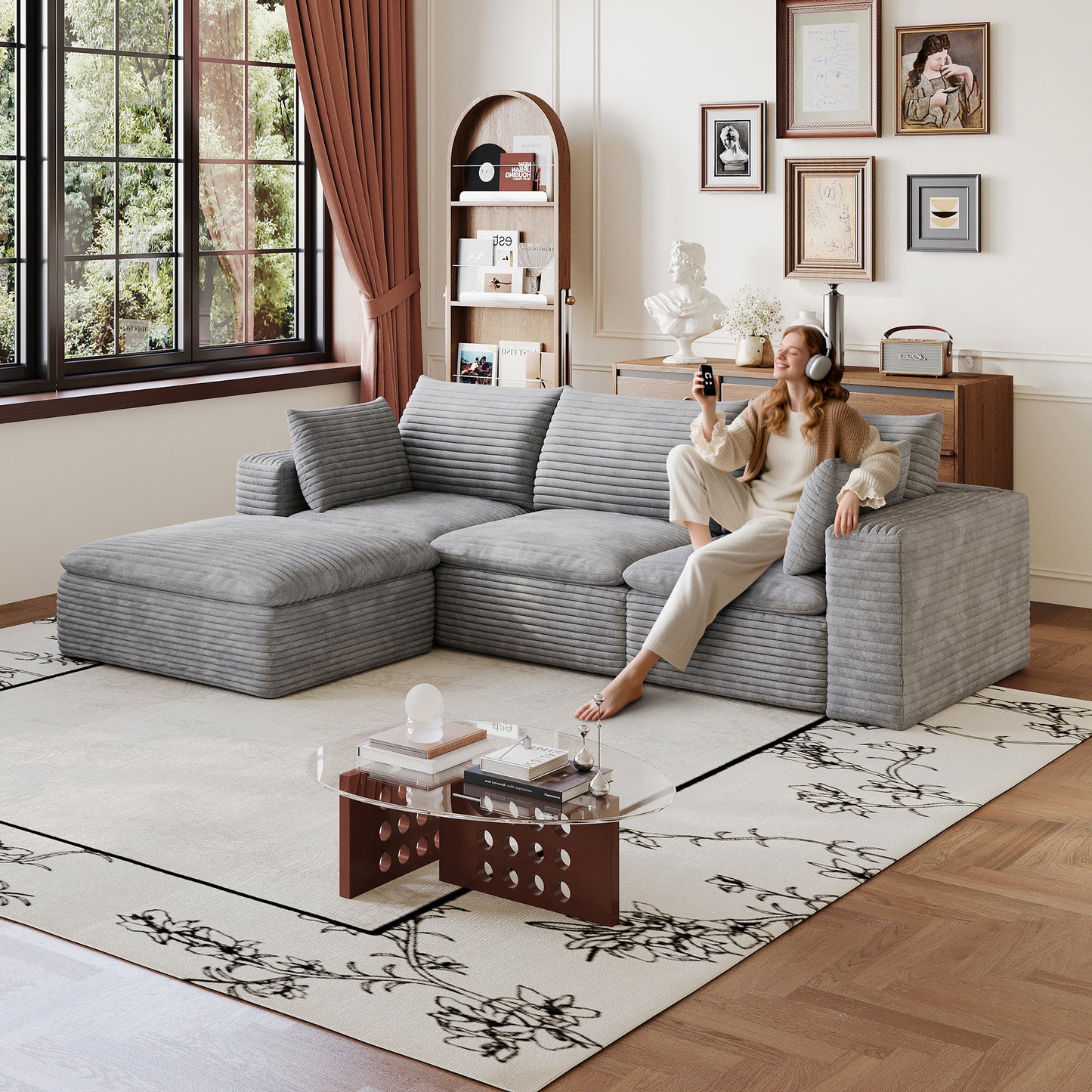 102  Cloud Sofa,Corduroy Fabric,Deep Seat Couches,Double-layer Design,Removable  Cushion,No Assembly, DIY Combination For Living Room, Bedroom,Conference Room ,Apartment,Grey