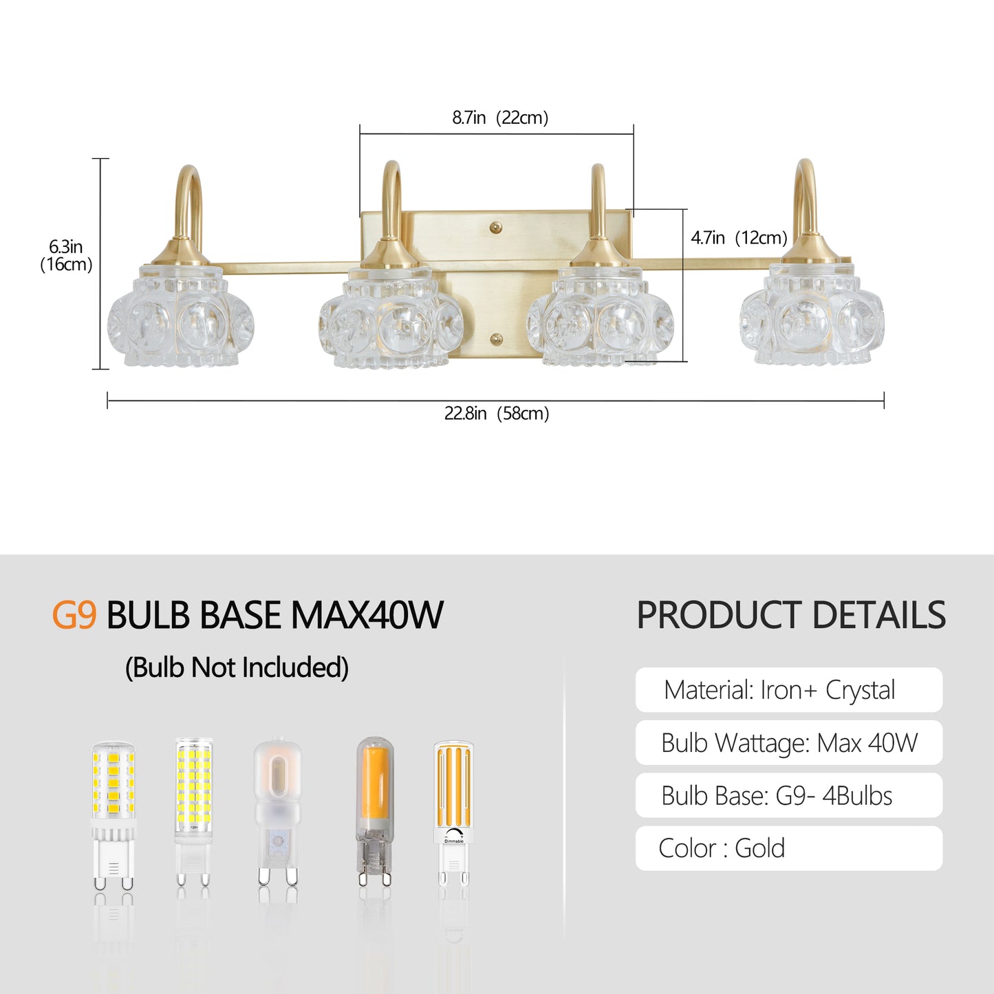 23  Modern Crystal Bathroom Vanity Light, 4-Light Golden Wall Sconce With Clear Glass Shade, Elegant Wall Mount Lighting For Bathroom, Powder Room, Or Vanity Mirror  No Bulbs