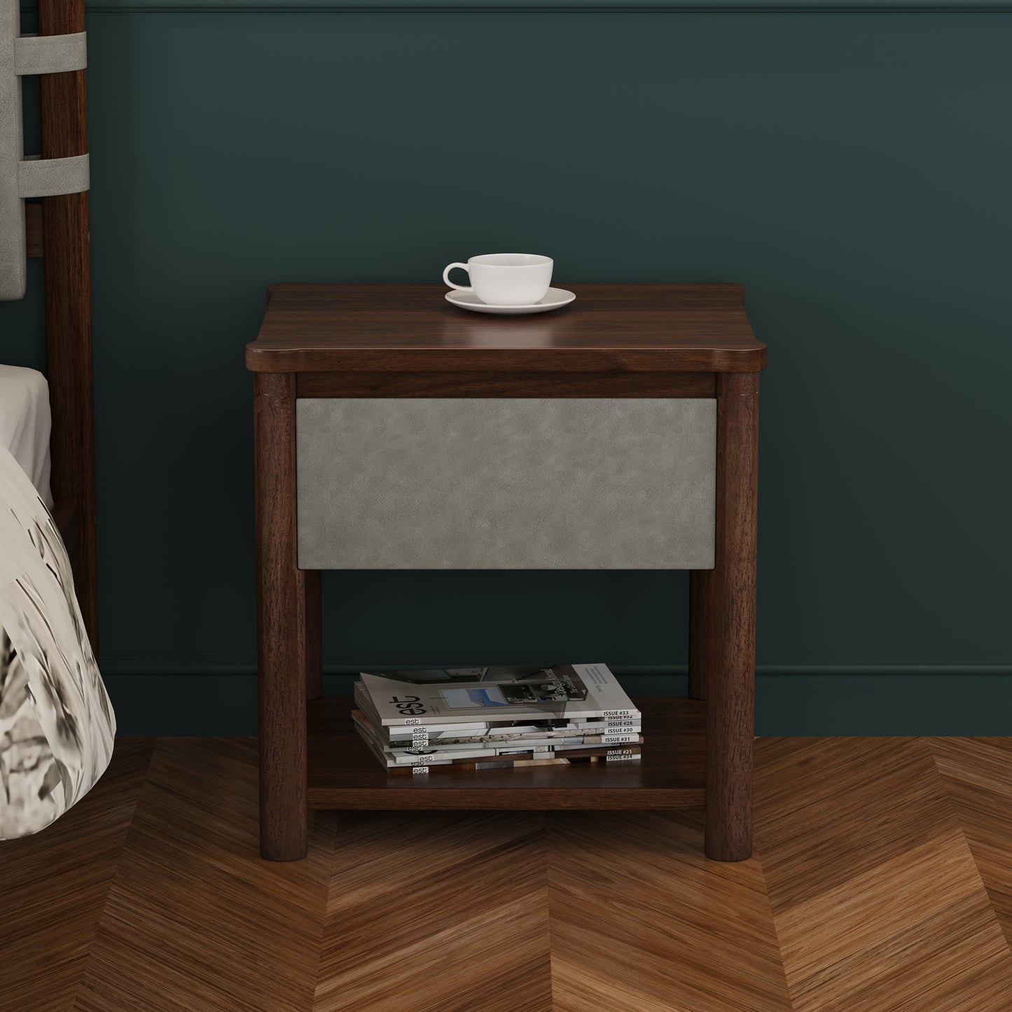 Wood Nightstand,Modern Nightstands With Drawer, Farmhouse Bedside Table For Bedroom Living Room,MP2 Set Of 2   Walnut&Light Grey Color