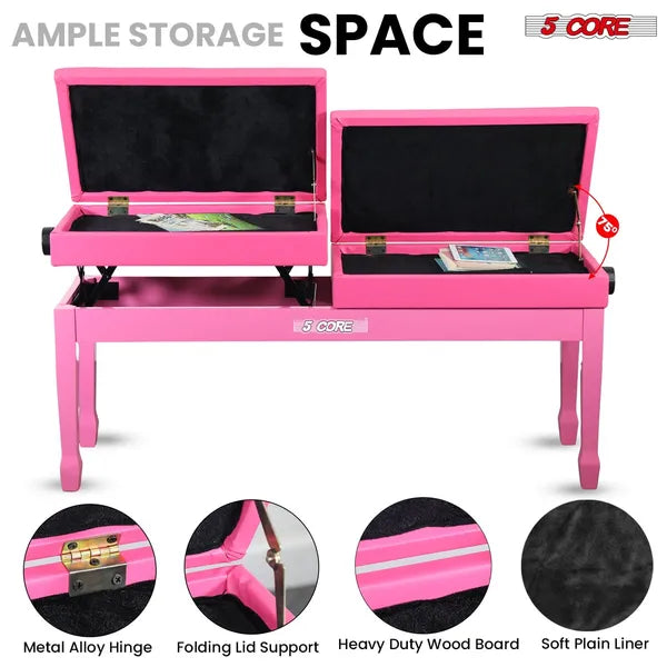 5 Core Duet Piano Bench 3.5 Inch Padded Cushioned Stool Wooden Heavy Duty Musician Chair Height Adjustable Double Keyboard Seat W Storage Nonslip Pink - PNB DT PNK