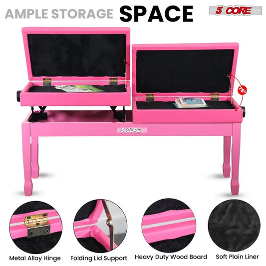 5 Core Duet Piano Bench 3.5 Inch Padded Cushioned Stool Wooden Heavy Duty Musician Chair Height Adjustable Double Keyboard Seat W Storage Nonslip Pink - PNB DT PNK