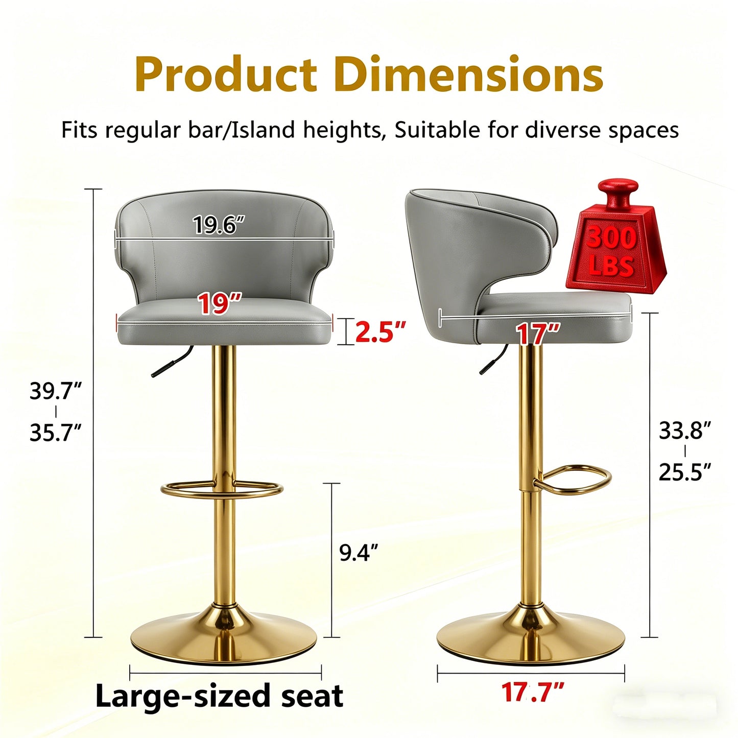 Modern Rotating Adjustable Bar Chair, PU Leather Belt Backrest Swivel Chair, Suitable For Kitchen Bar Counter And Dining Room, Adjustable Height, Capable Of Bearing 300 Pounds  Grey -2 Pieces