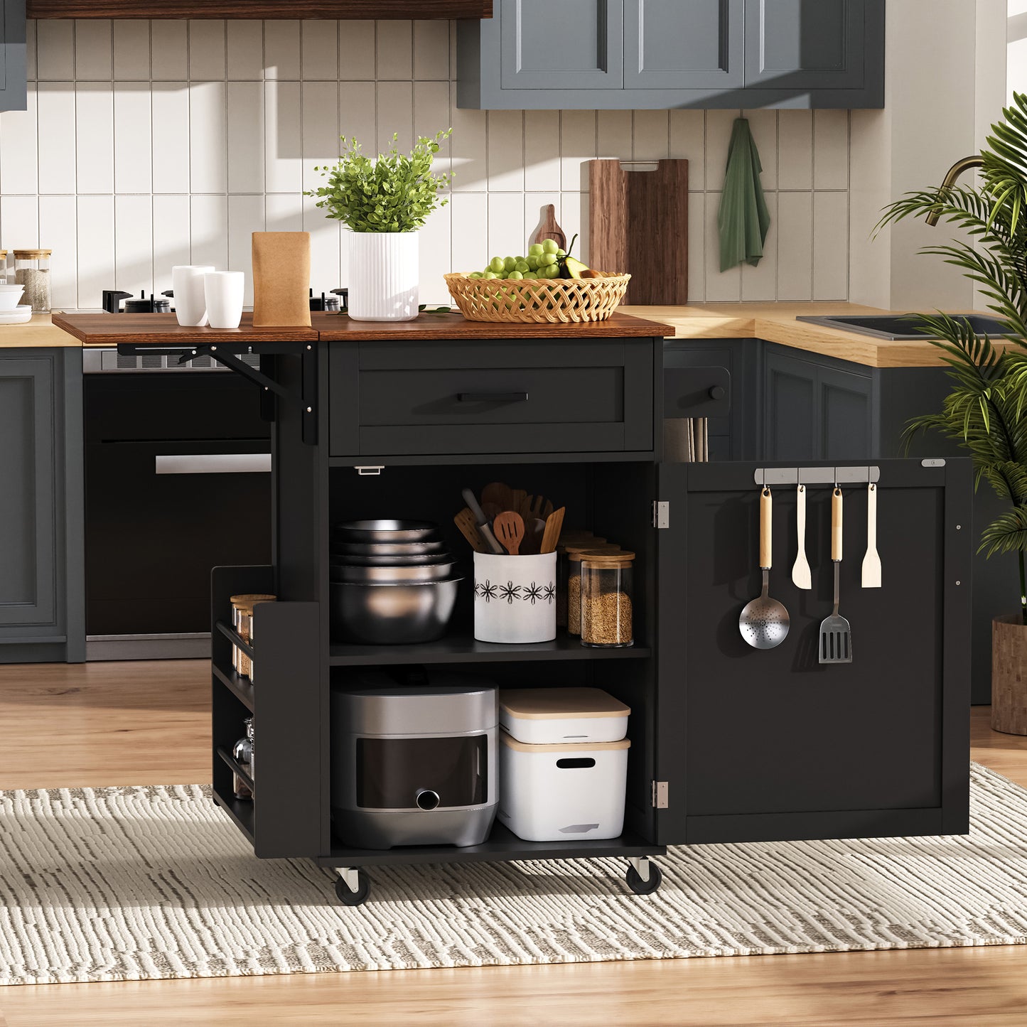 K&K 39.3  Farmhouse Kitchen Island With Drop Leaf, Kitchen Storage Island With Open Side Rack, One Drawer, Towel Rack, Rolling Kitchen Cart With Lockable Wheels For Lawn Garden, Black