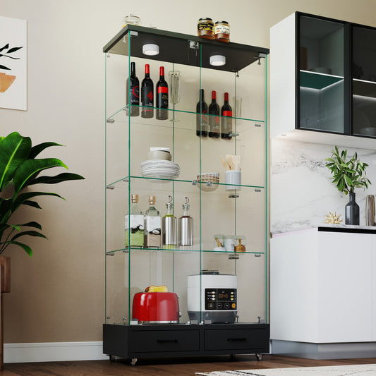Modern Glass Display Cabinet With 2 Large Drawers , Quick-assembly Antique Cabinet With LED Lights, Tempered Glass Bookshelf, 2-Door Storage Case With 4 Shelves  For Living Room And Bedroom, Black