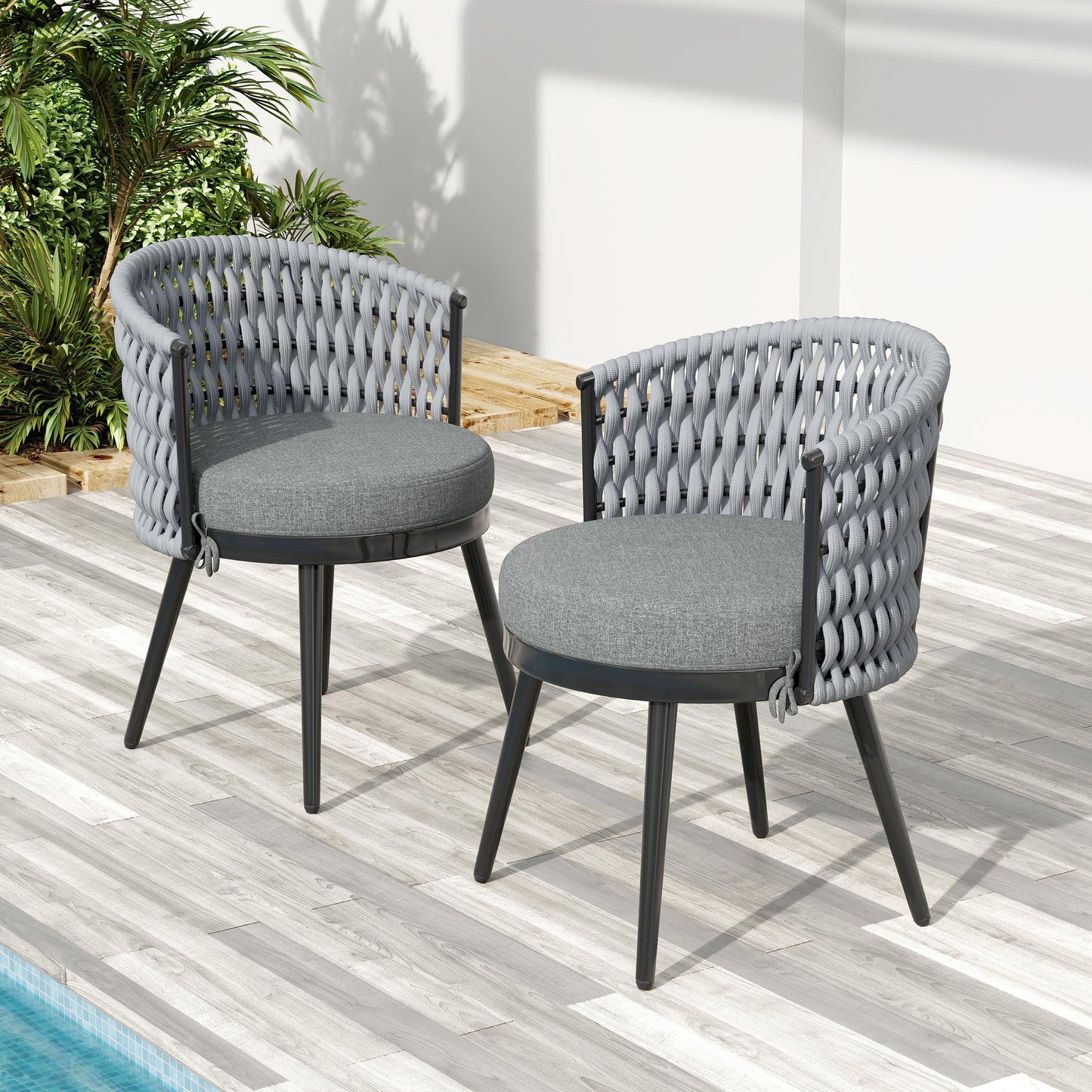 Outdoor Dining Chair-Metal & Rope With Light Gray Cushion Patio Furniture,Weather-Resistant Patio Chairs With Cushions,MP2 Set Of 2