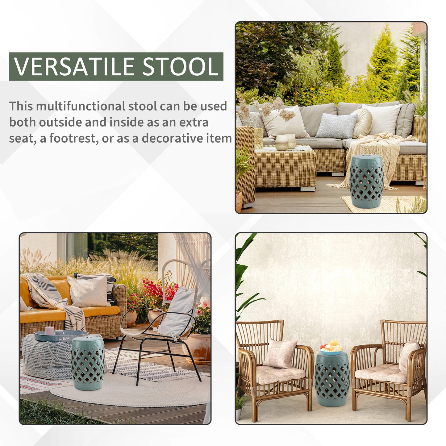 13" X 18" Ceramic Garden Stool With Woven Lattice Design & Glazed Strong Materials Decorative End Table, Antique Blue