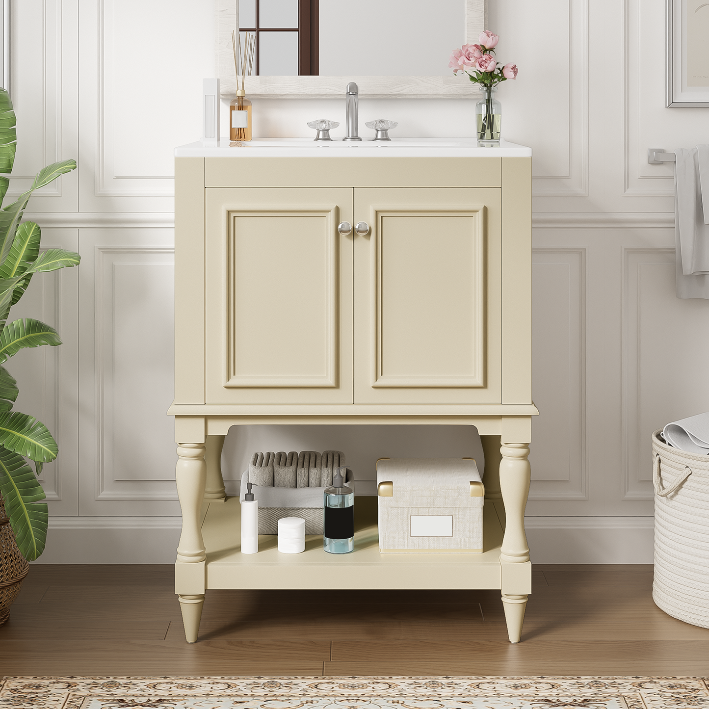 24 Inch Modern Luxury Bathroom Vanity With Ceramic Sink, Bathroom Cabinet With Open Shelf And Closed Storage