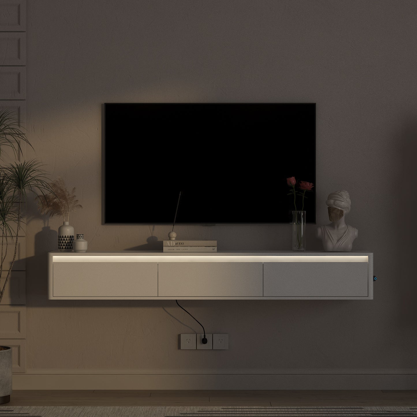 Floating TV Stand, Wall Mounted TV Shelf With Led Lights & Power Outlet,Cabinet For White Tv Stands For Living Room
