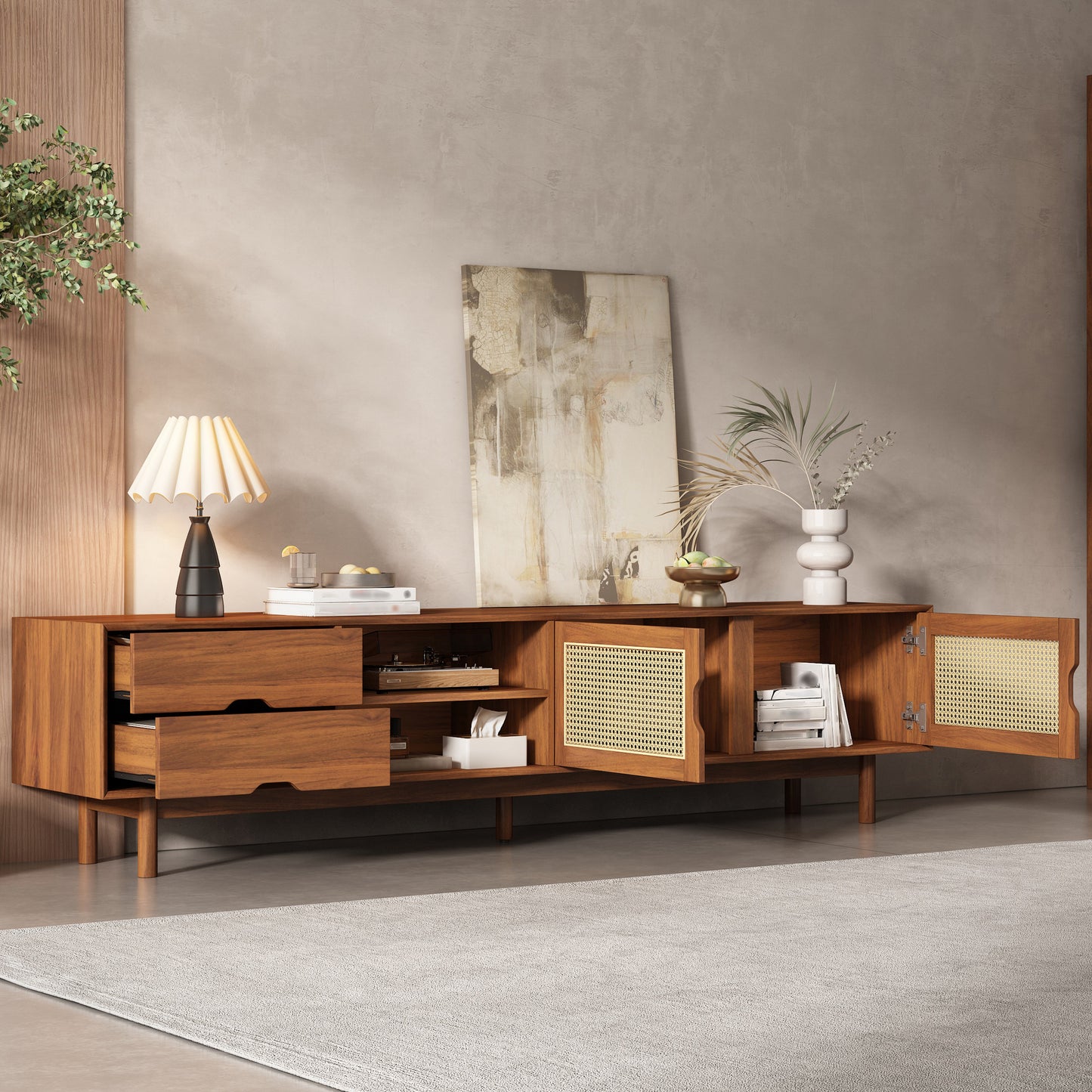 78 Inch TV Stand For TVs Up To 85 Inch, Media Console With 2 Drawers, Solid Wood Legs, Rattan Front Panels, For Living Room, Modern Entertainment Center