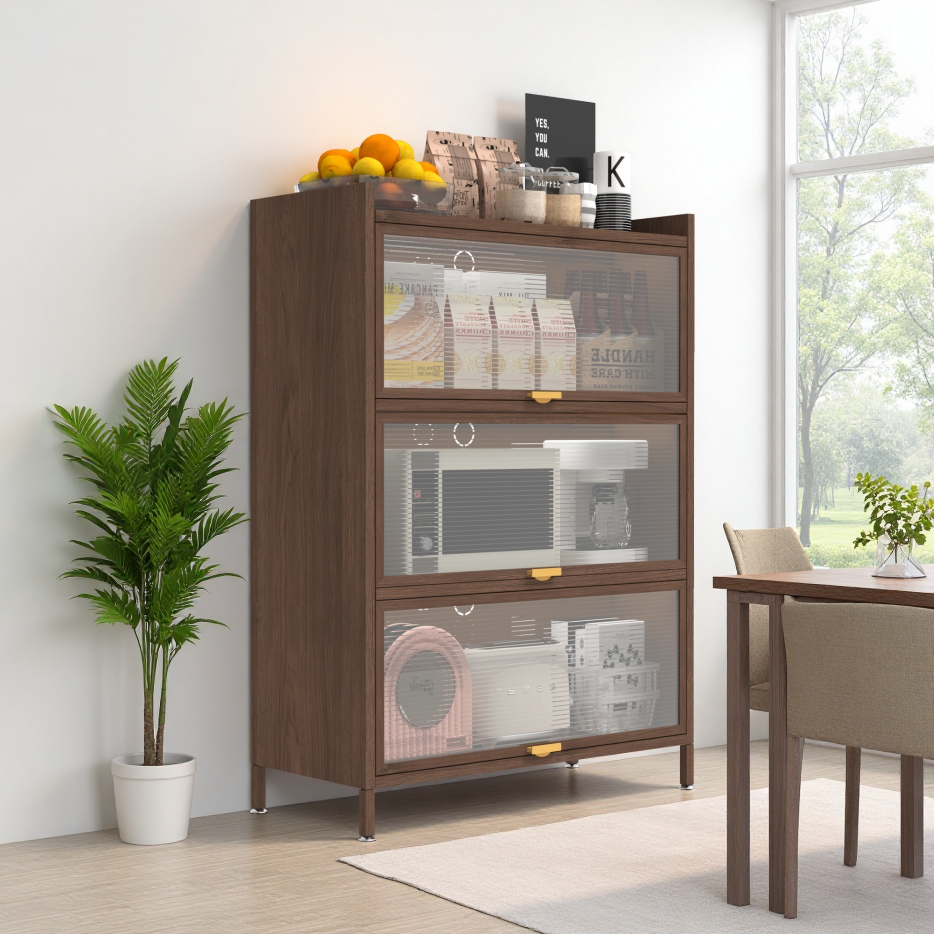 44'' Tall Metal 3 Flip Doors Cabinet, With Ample Storage Space For Bedroom, Office, Living Room, Hallway, Entryway Walnut