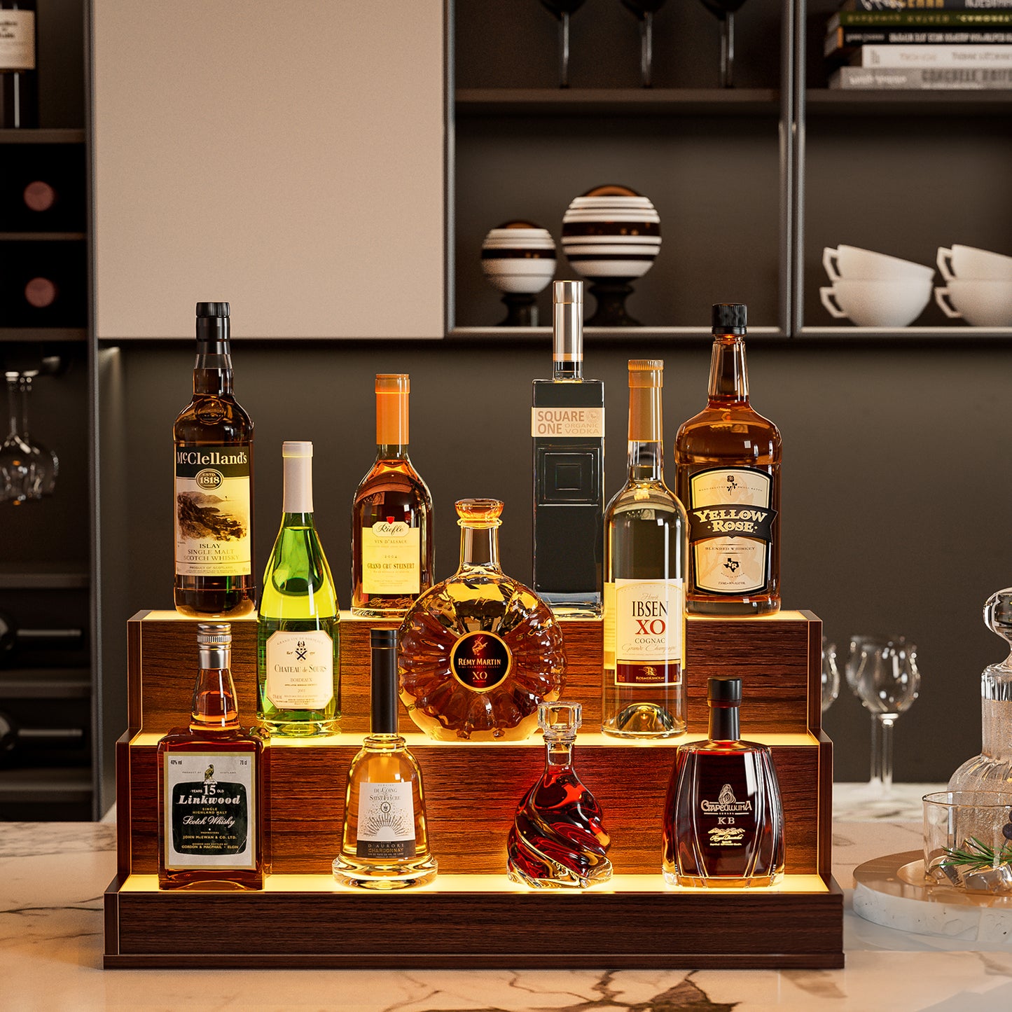 LED Lighted Liquor Bottle Display Shelf, 24 Inch Bar Display Shelf, DIY Illuminated Bottle Shelf With App & Remote Control, 3 Step Freestanding Holding Bottles For Home Bar, Party, Walnut