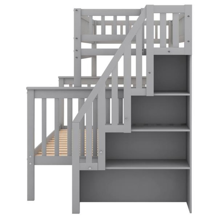 Twin Over Full Stairway Bunk Bed With Storage, Gray