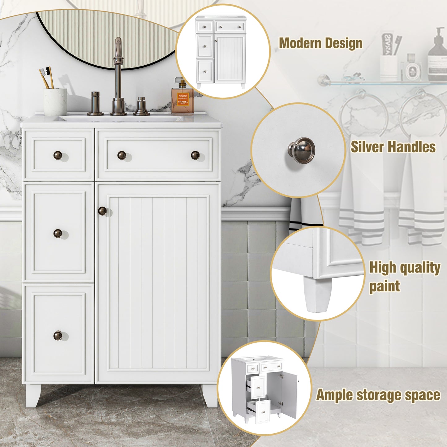 24-Inch Bathroom Vanity Cabinet With Ceramic Sink, 2 Drawers, 1 Door