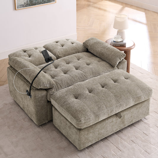 Leisure Sofa Chair,Double Sofa Recliner, With Manually Adjustable Backrest, Soft Padded Armrests, Side USB Charging Port And Phone Stand, Comes With A Matching Storage Ottoman-Brown