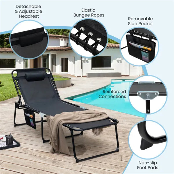 Oversized Patio Chaise Lounge, 27 Wide 4-Position Adjustable Backrest Folding Tanning Chair-Black