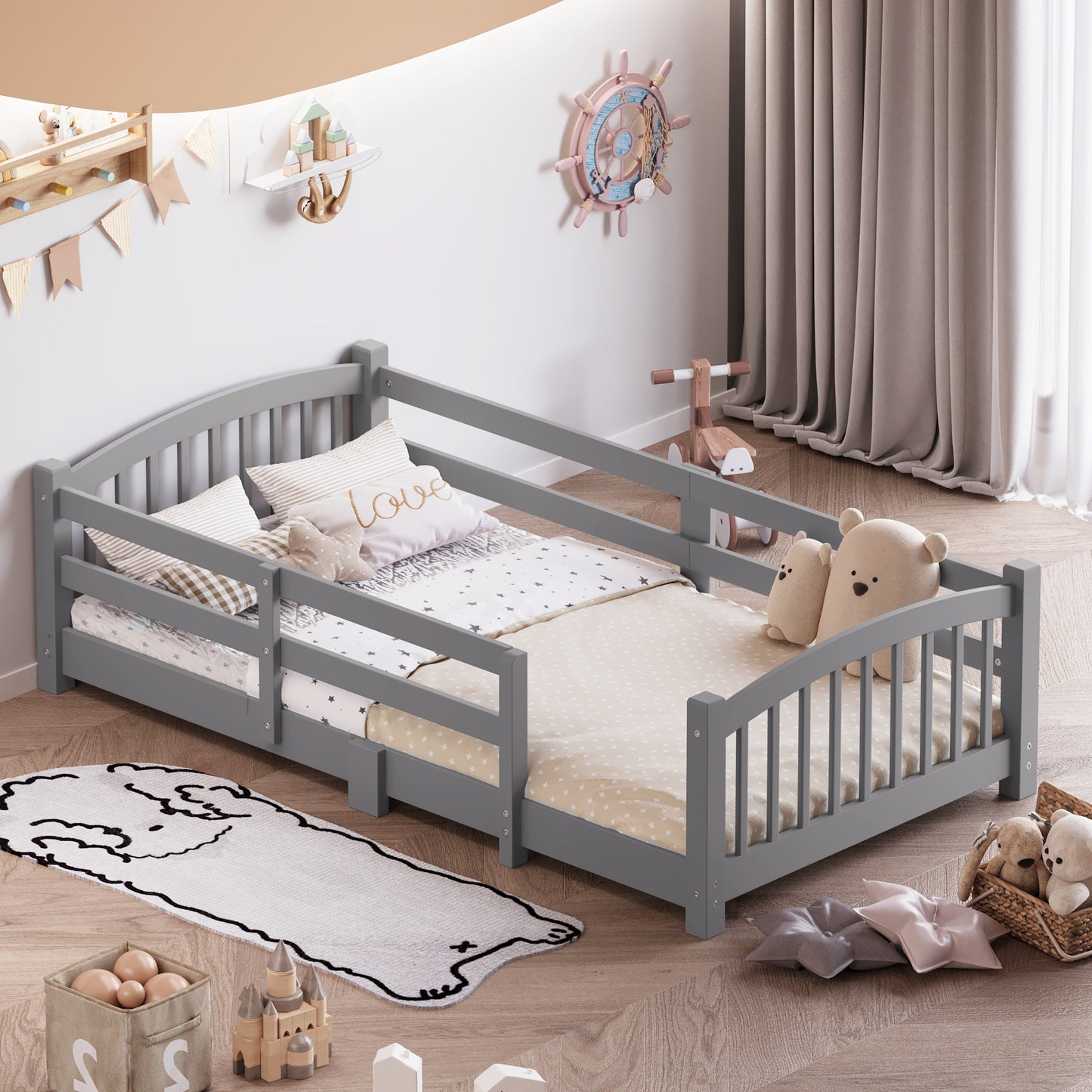 Twin Montessori Floor Bed With Slats And Safety Guardrails, Solid Wood Floor Bed With Fence And Without Door, Easy Assemble Montessori Bed For Girls And Boys, Gray