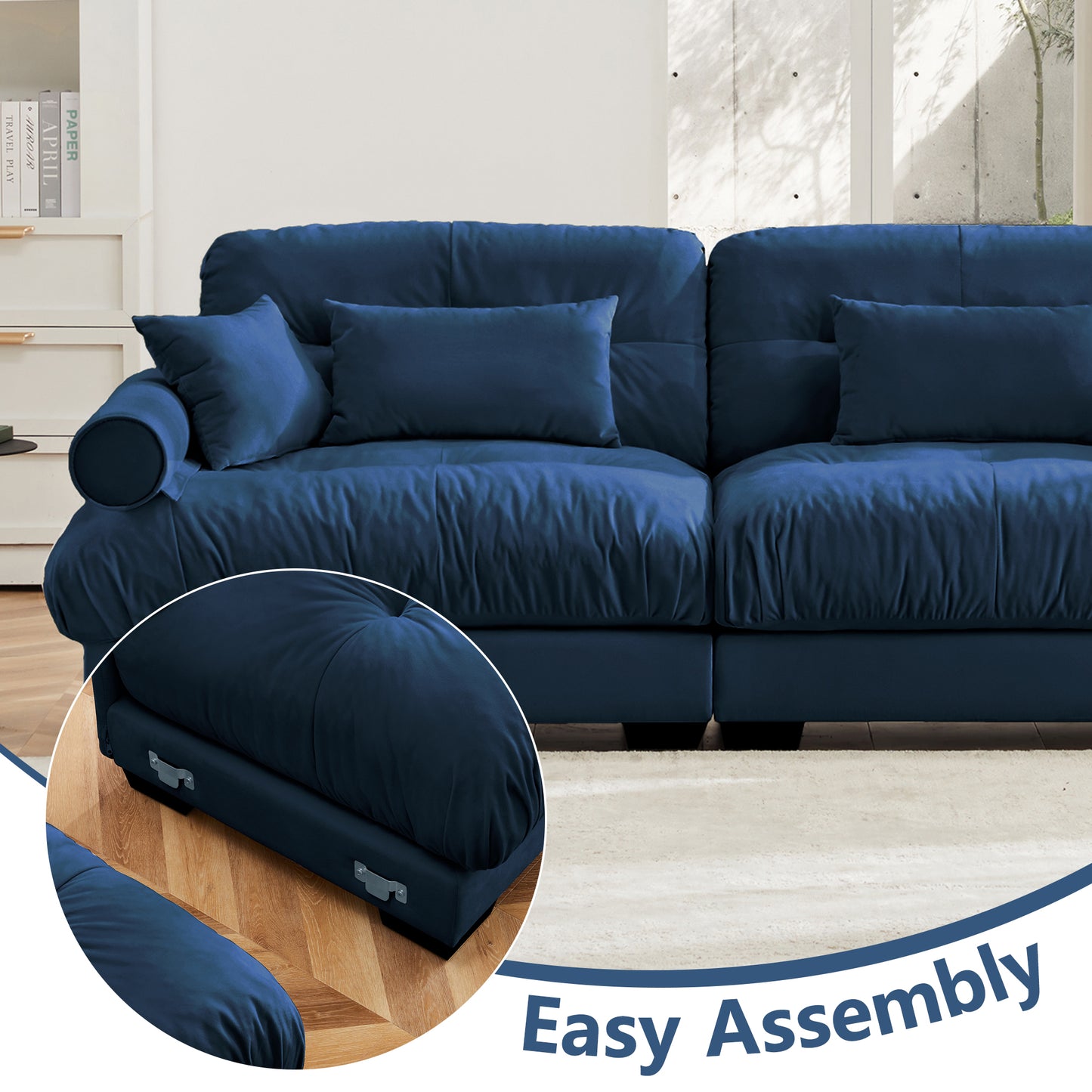Large Size Modern Two-seater Sofa With Bolstered Armrests,Velvet 2-Seater Sofa With Waist Pillows And Throw Pillows , Suitable For Living Room , Loft, Working Spaces , Hallway And Bedroom,Blue