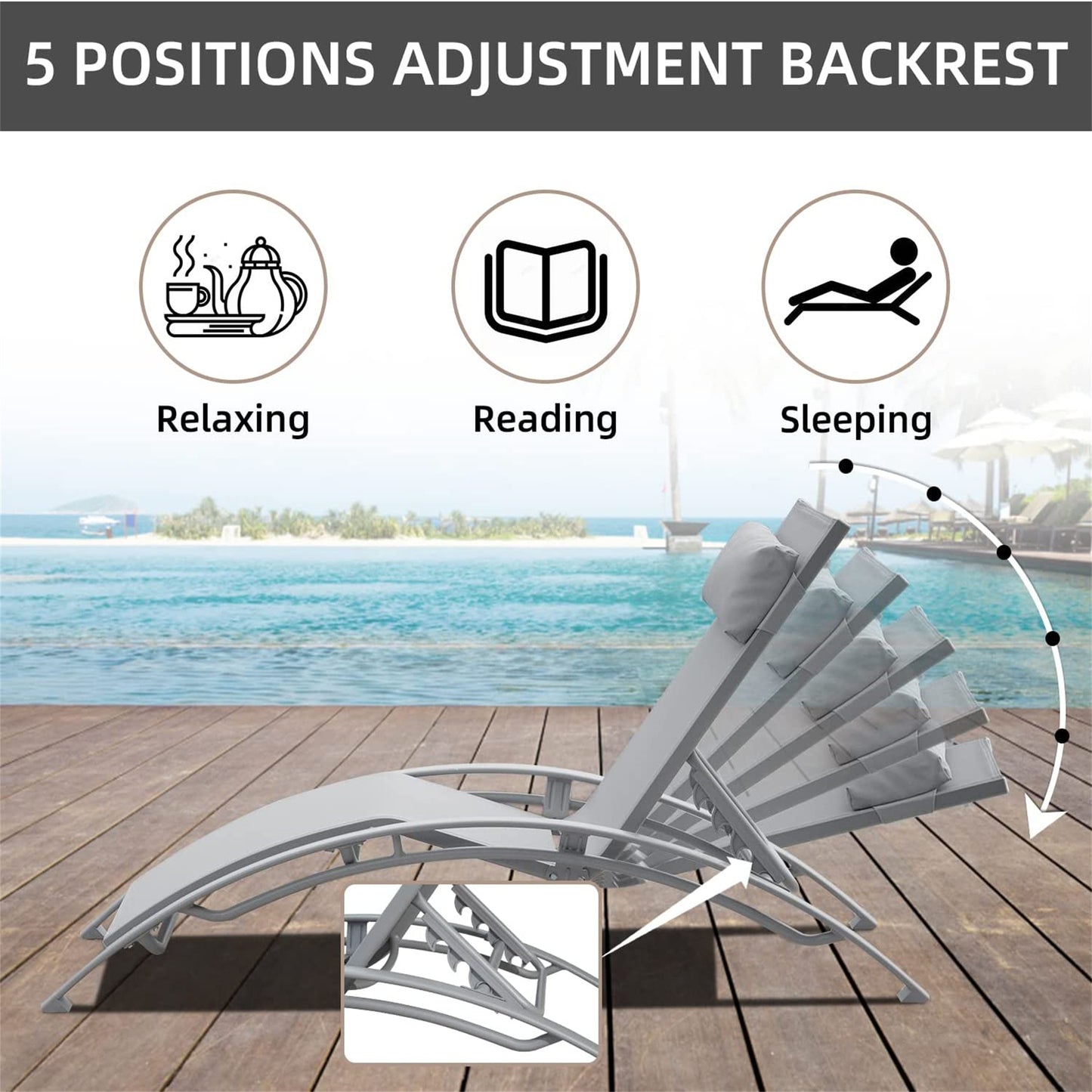 Pool Lounge Chairs Set Of 3, Adjustable Aluminum Outdoor Chaise Lounge Chairs With Metal Side Table, All Weather For Deck Lawn Poolside   Grey,2 Lounge Chairs 1 Table