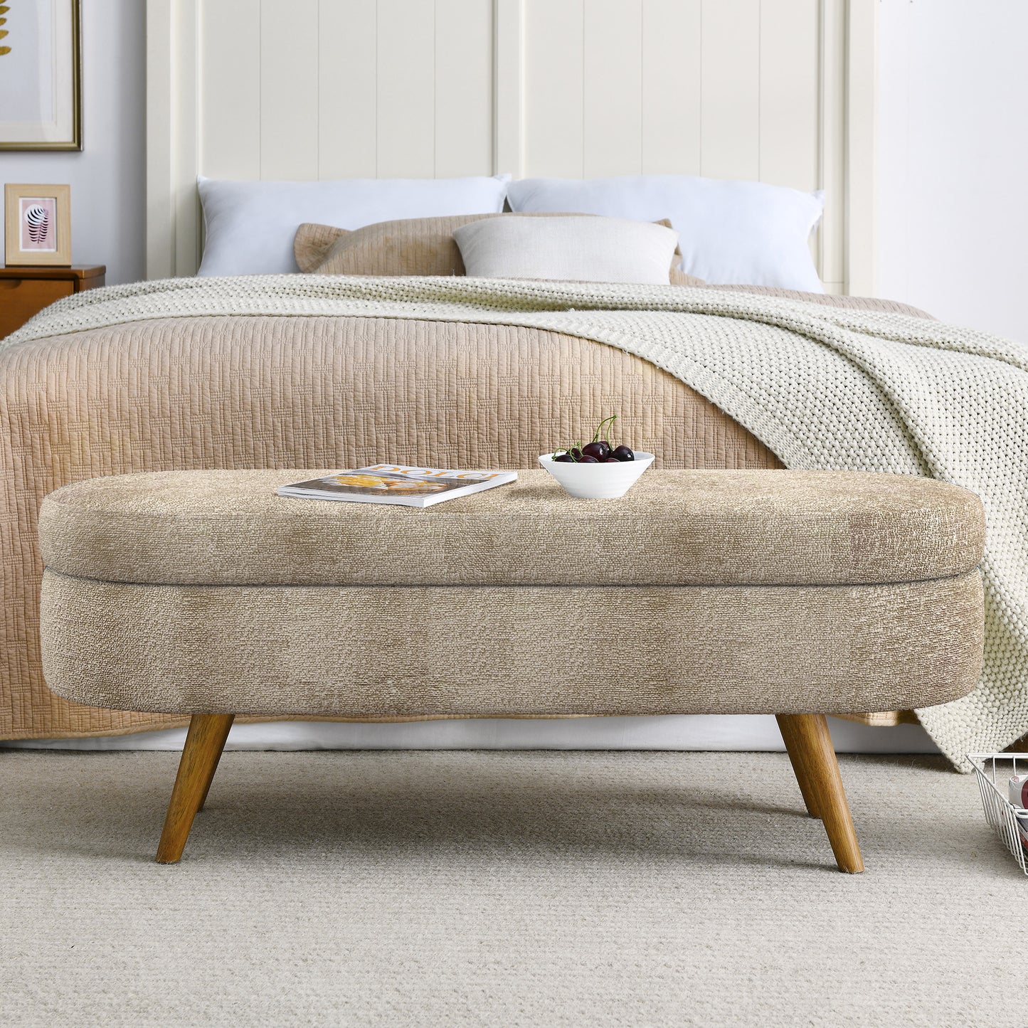 Ottoman Oval Storage Bench,Rubber Wood Legs, Gray 43.5 X16 X16 Brown