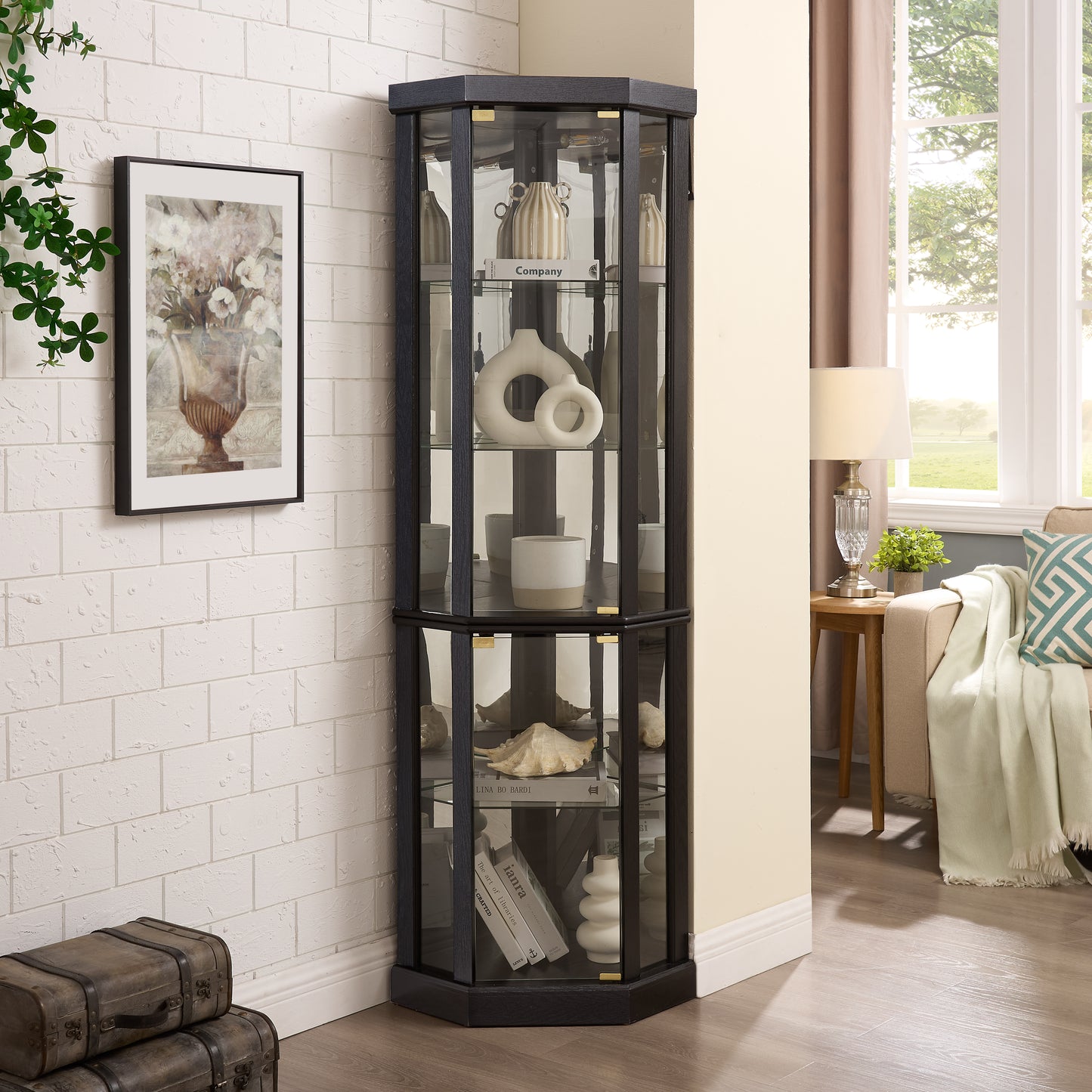 Lighted Corner Curio Cabinet - Elegant Glass Display Case For Living Room & Bar Storage - Perfect For Antique Collections & Wine - Includes Built-in Lighting - BLACK