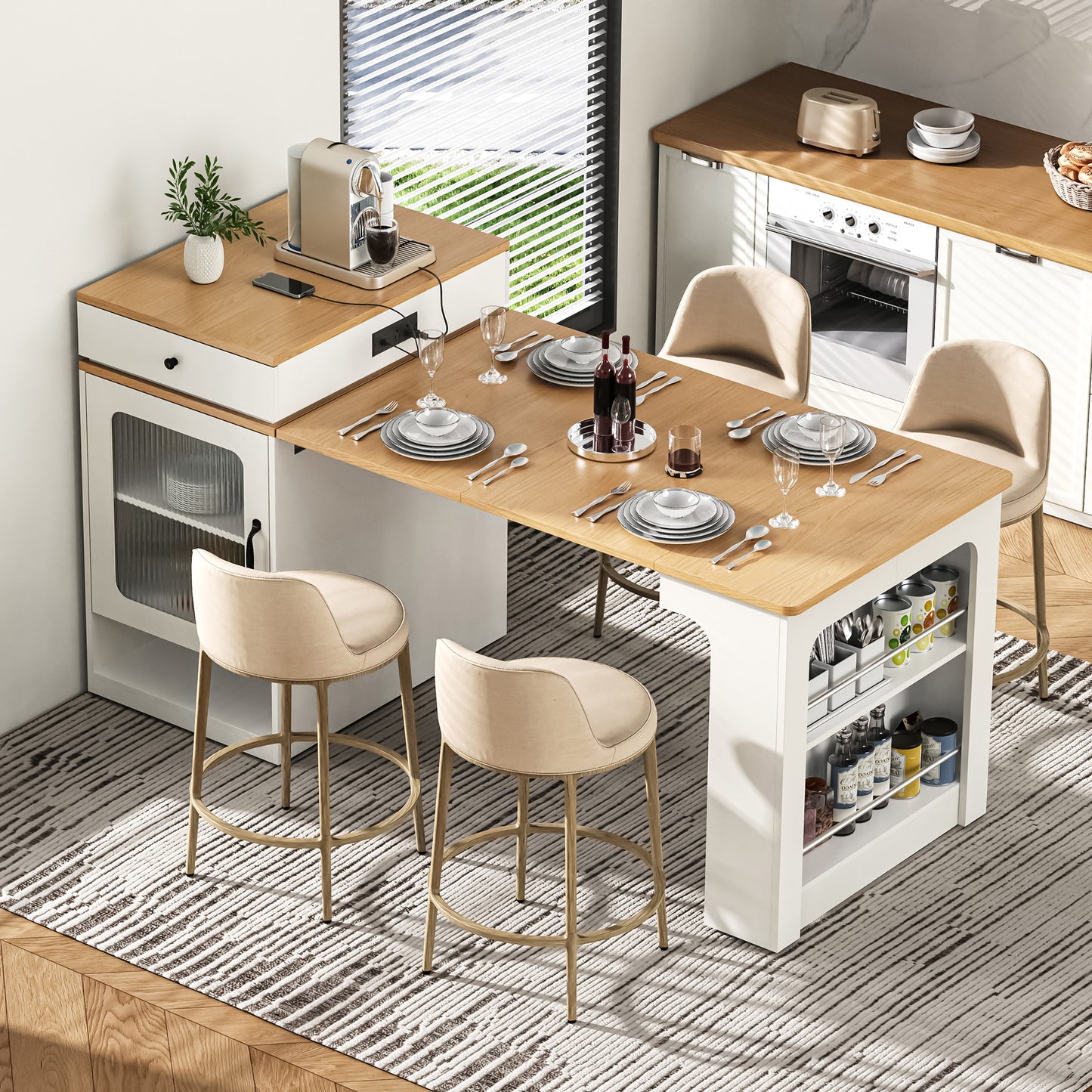 K&K 59.5   Kitchen Island With Extendable Dining Table, Kitchen Storage Table With Double-sided Storage, Kitchen Island With 2 Drawers, Power Outlet, Side Open Shelves, For Kitchen, Dining Room, White