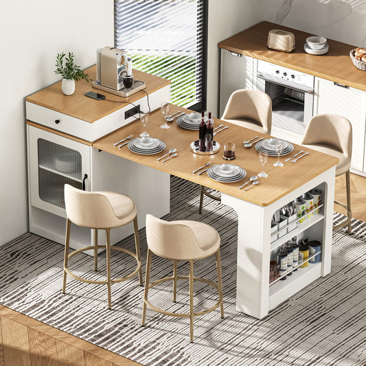 K&K 59.5   Kitchen Island With Extendable Dining Table, Kitchen Storage Table With Double-sided Storage, Kitchen Island With 2 Drawers, Power Outlet, Side Open Shelves, For Kitchen, Dining Room, White