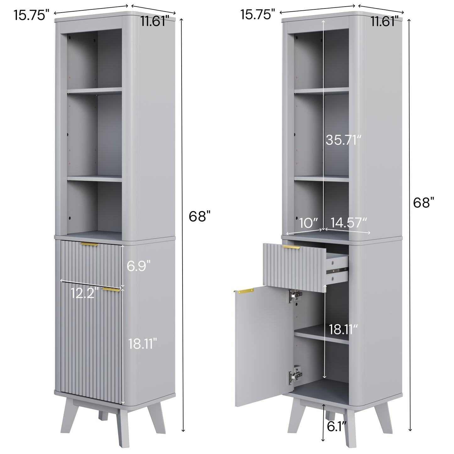 68  H Tall Bathroom Storage Cabinet With  Adjustable Shelves And One Drawer & Door, Storage Cabinet For Bathroom, Living Room, Entryway & Kitchen, Gray