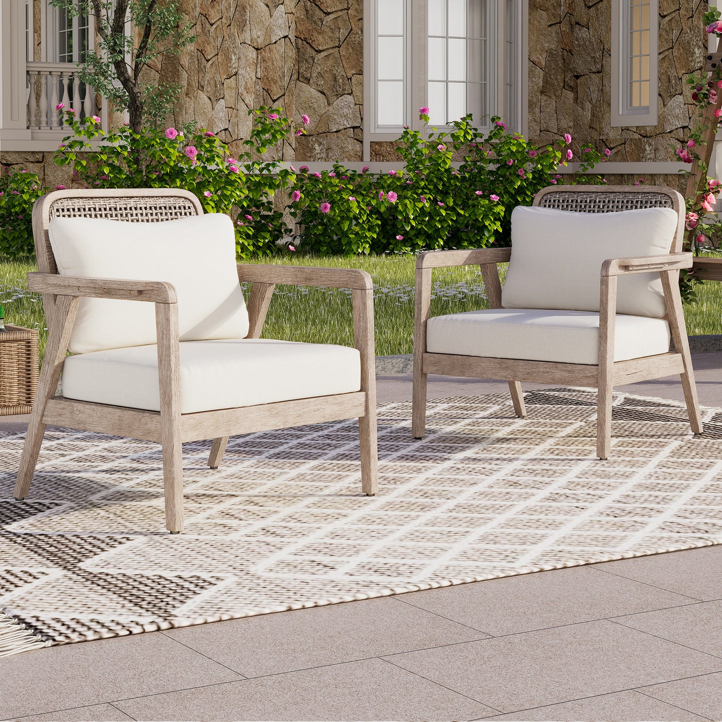 SET OF 2  Outdoor Acacia Wood Patio Club Chair, Patio Furniture,Waterproof Thick Cushion Deep Seating For Porch, Garden, Backyard, Balcony, Weight Capacity 400lbs, Light Brown Finish, Cream Cushion