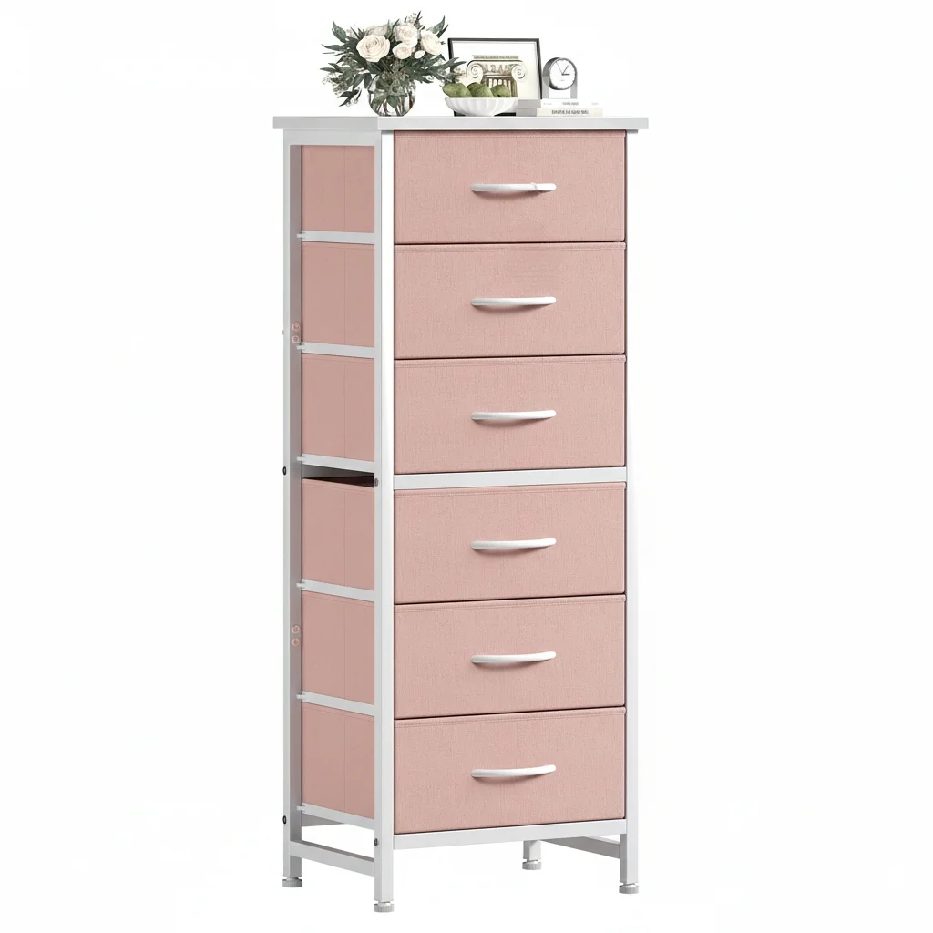 High Cabinet-style Storage Cabinet, Equipped With 6 Fabric Drawers, Metal Frame With Cross-bracing Rods, Anti-toppling Design, And Wooden Tabletop