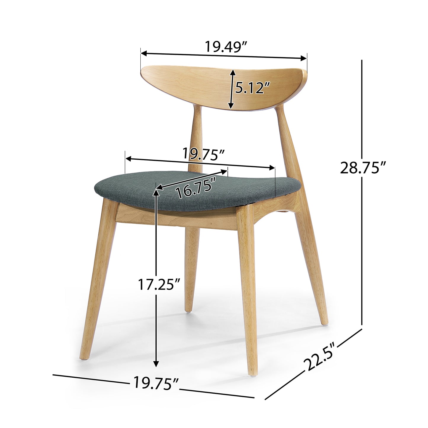 Set Of 2 Retro Rubberwood Chairs With Ergonomic Back & Plush Cushions, Natural-Gray