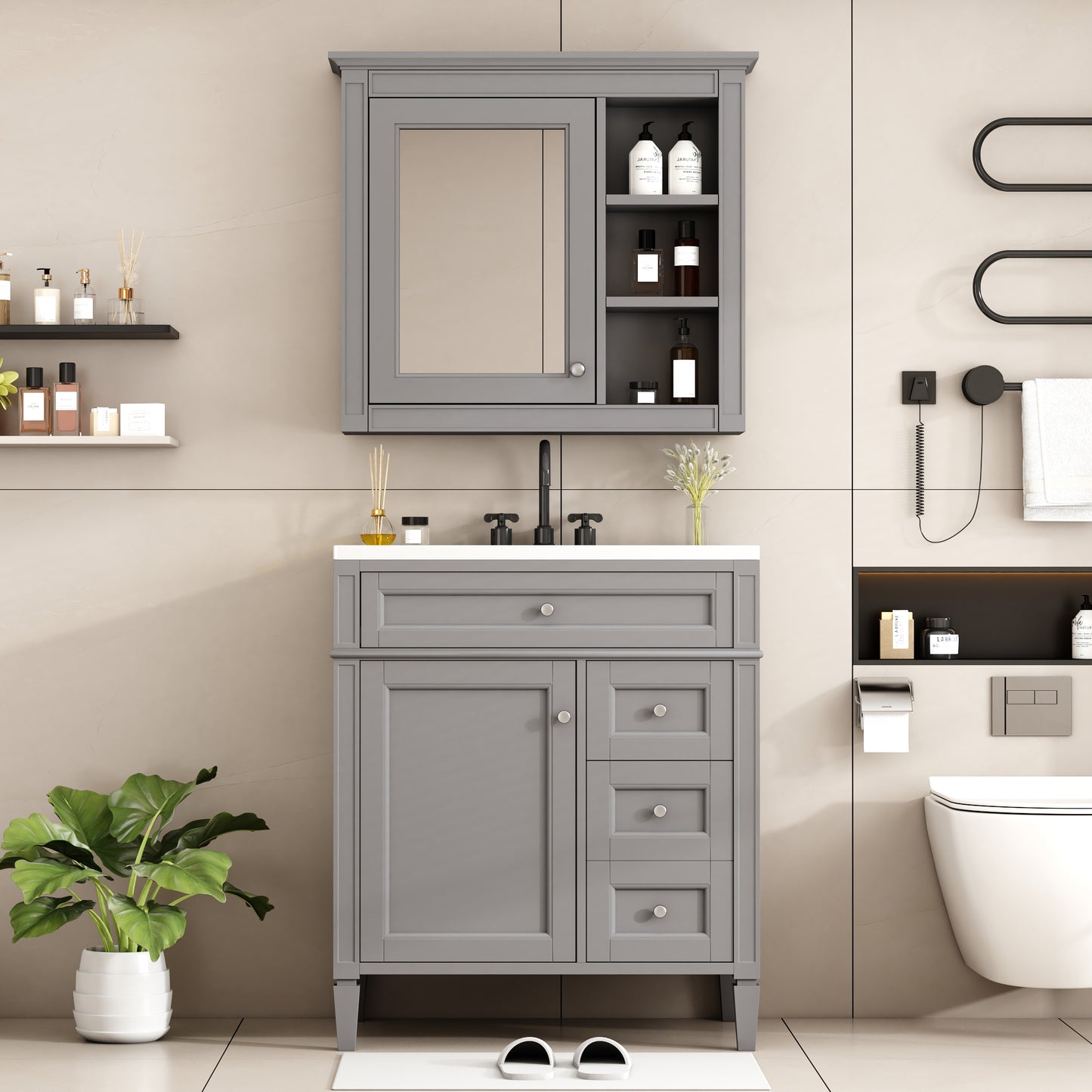 30   Bathroom Vanity With Top Sink, Modern Bathroom Storage Cabinet With 2 Drawers And A Tip-out Drawer, Freestanding Vanity Set With Mirror Cabinet, Single Sink Bathroom Vanity