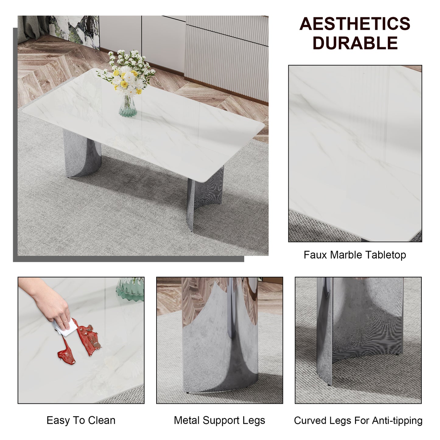 Modern Minimalist Dining Table. The White Imitation Marble Glass Desktop Is Equipped With Silver Metal Legs. Suitable For Restaurants And Living Rooms  71inx39.3inx29.5in DT-69.W1151S00386