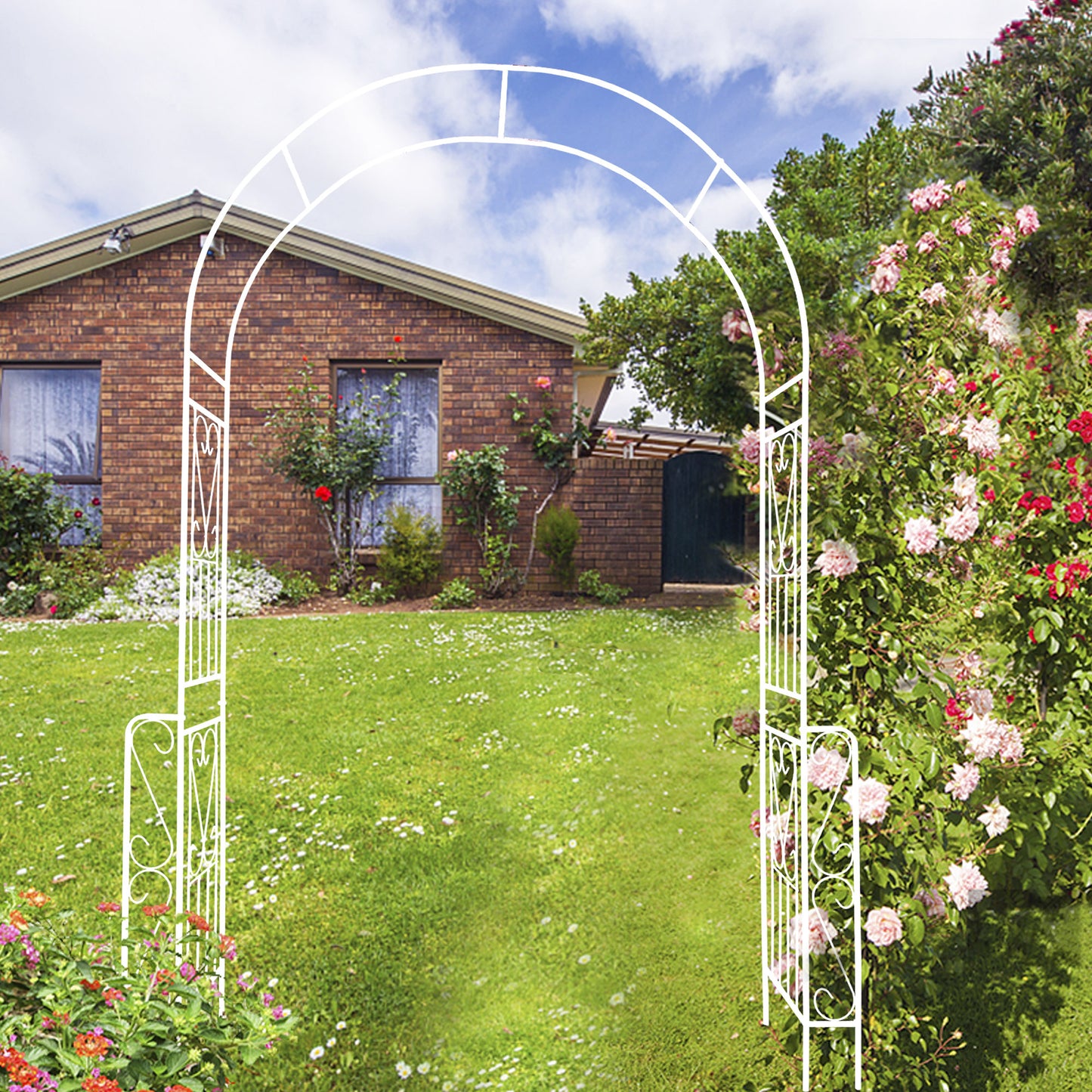 Metal Garden Arch W55  X H94.5  Garden Arbor Trellis Climbing Plants Support Rose Arch Outdoor Arch Cream White