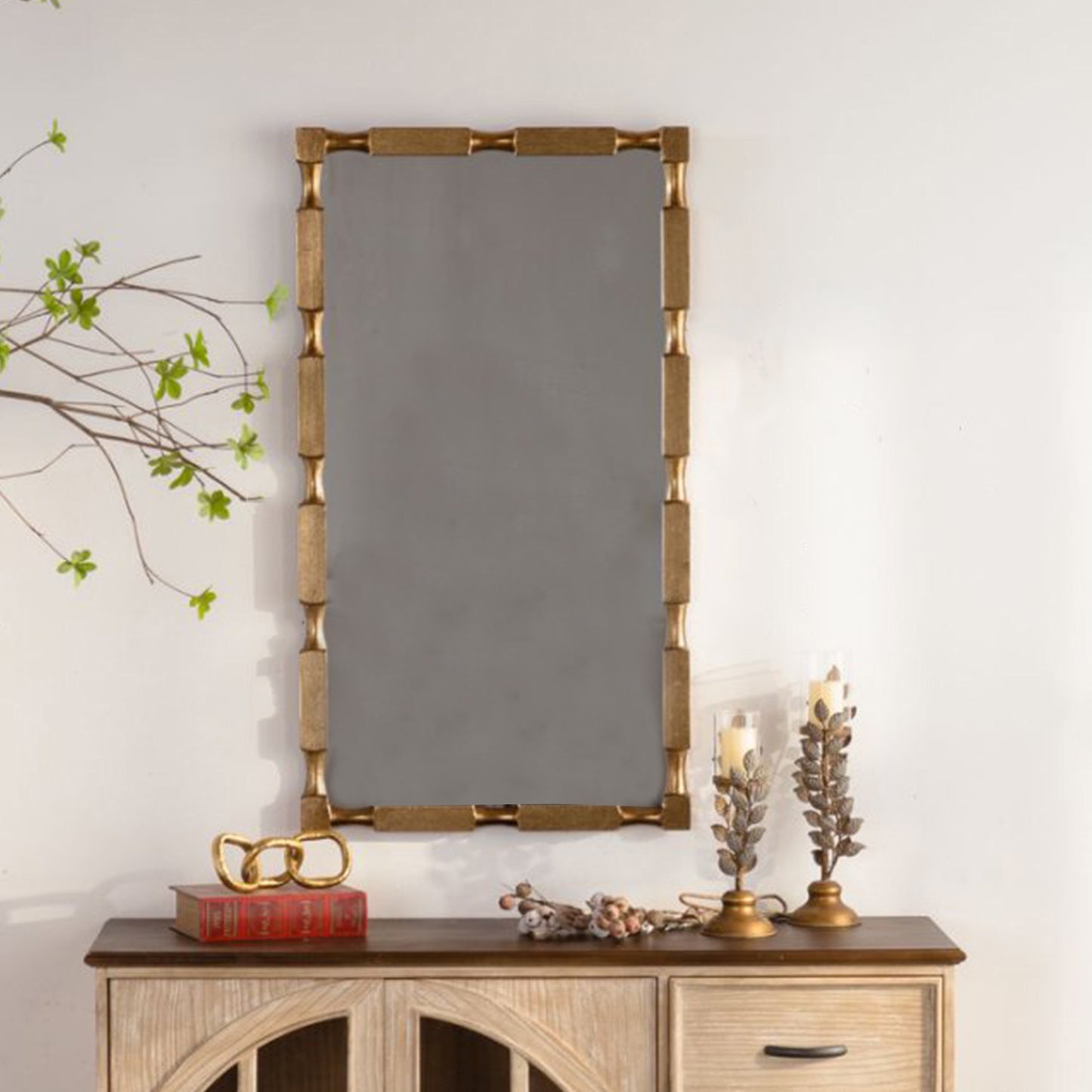 Gold Bamboo-Style Rectangular Wall Mirror, Textured Frame For Living Room Bedroom Entryway Decor