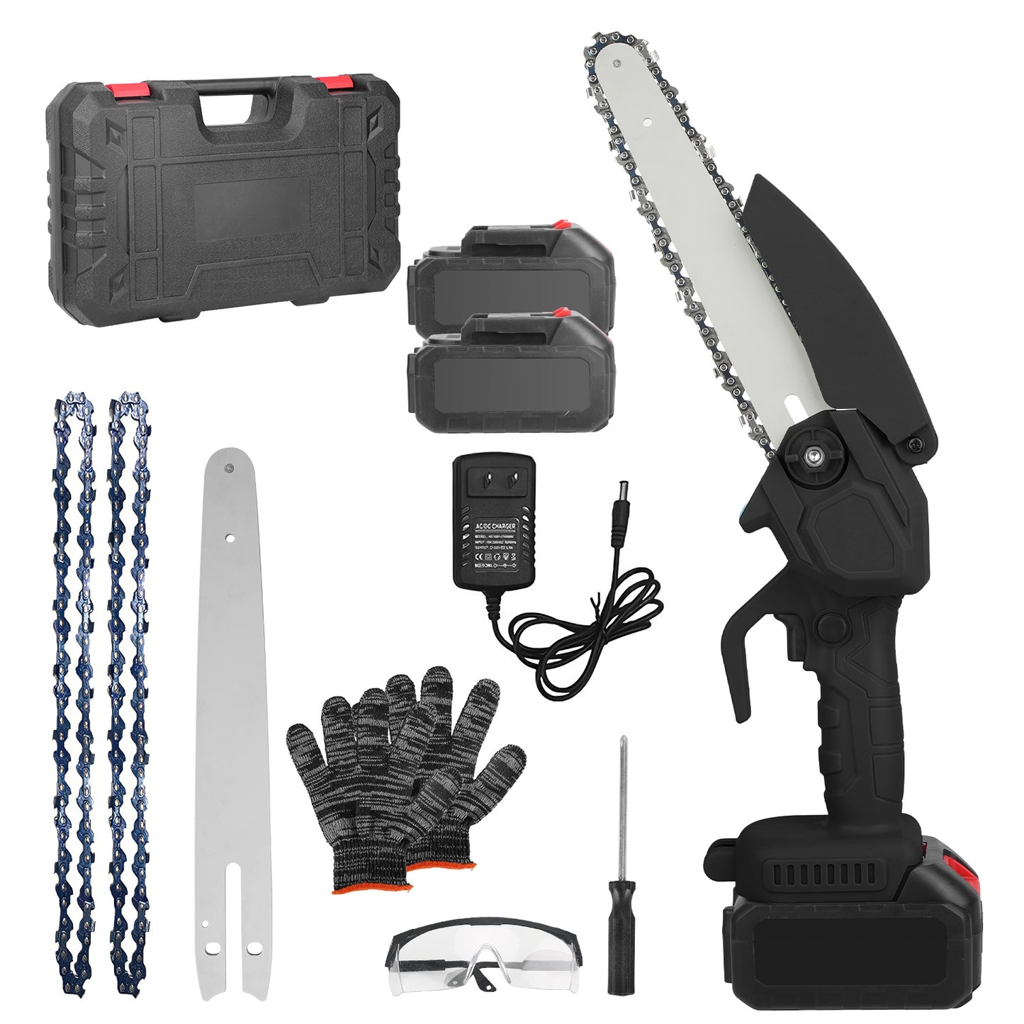 1Set Electric Mini Chainsaw Portable Handheld Cordless Small Chain Saw Battery Powered With 2Pcs 1200mAh Rechargeable Batteries 8in Chains Gloves Goggles For Pruning Trees Wood Cutting