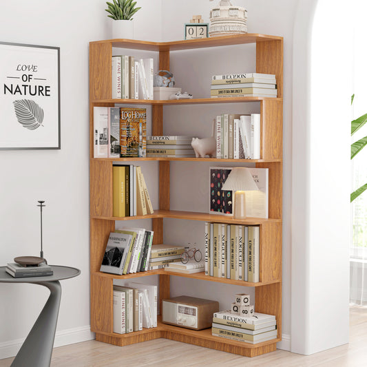 90cm 35.43 Extended Size 5-Tier Freestanding L-Shaped Corner Bookshelf For Living Room,Bedroom,home Office Wooden Bookcase With Anti-drop Panel And Anti Tipping Device,Display Shelf Open Storage